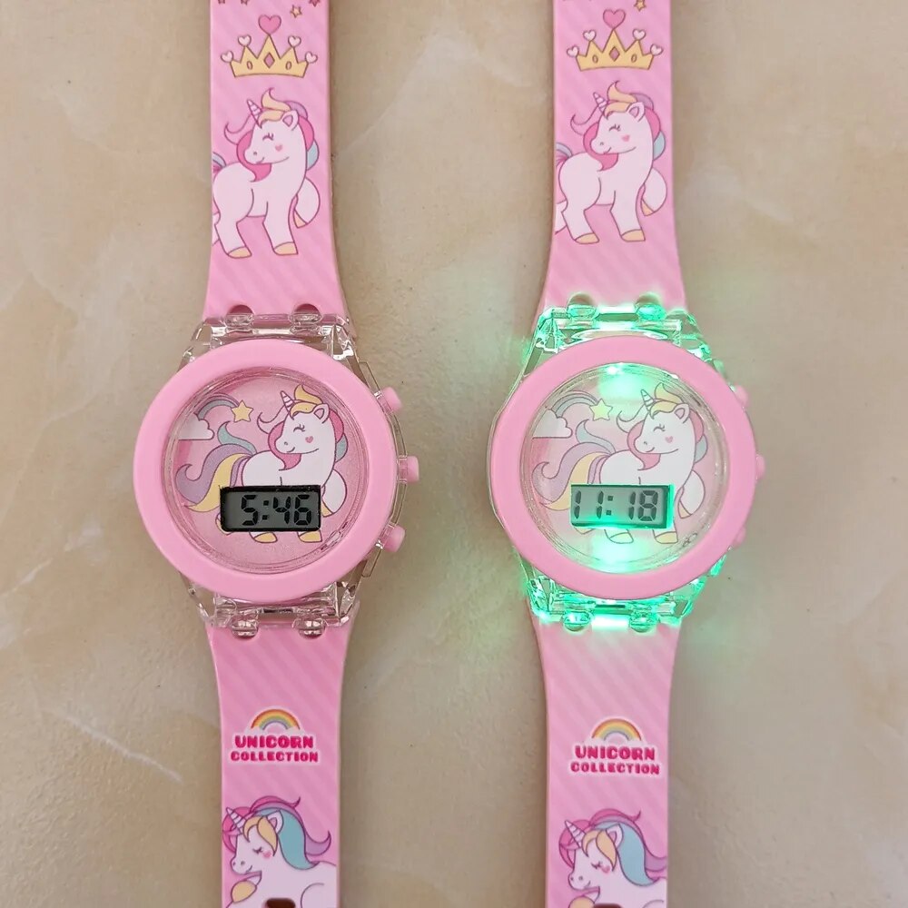 Girls Kids Children Cartoon Unicorn Collection Digital Electronic Flash Glow Up Light Colourful Birthday Party Gifts Watches